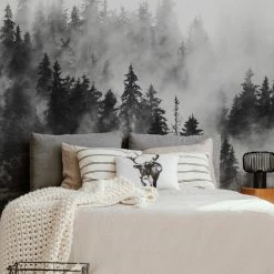 Wholesale ✔️ Simple Shapes Morning Forest Fog Mural Peel And Stick Wallpaper, Black And White, 24 X 108 🌟