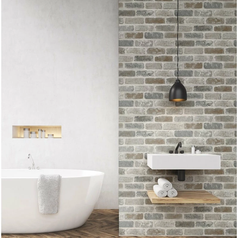Flash Sale π Wallquest NextWall Washed Faux Brick NW30500 Peel & Stick Wallpaper White / Gray / Brown π - Image 5